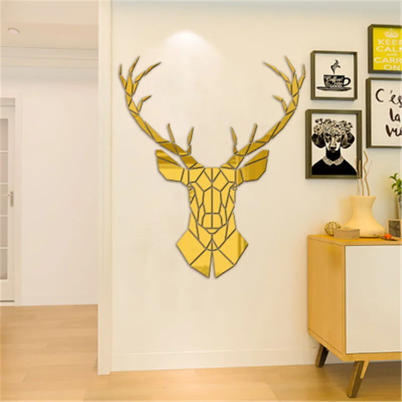 3D зеркальные акриловые настенные наклейки с головой оленя декоративные в