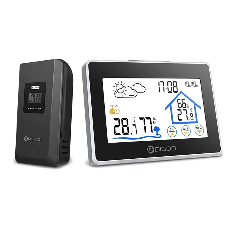 Digoo DG-TH8380 сенсорная Метеостанция+ Открытый датчик погоды 3CH с подсветкой термометр гигрометр календарь - Цвет: Черный