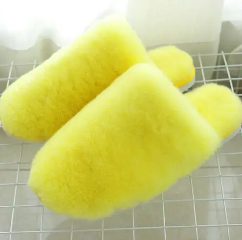 yellow Зимние теплые меховые тапочки из натуральной овчины женская домашняя обувь Домашние тапочки Роскошные шерстяные тапочки женские повседневные Тапочки - Цвет: yellow
