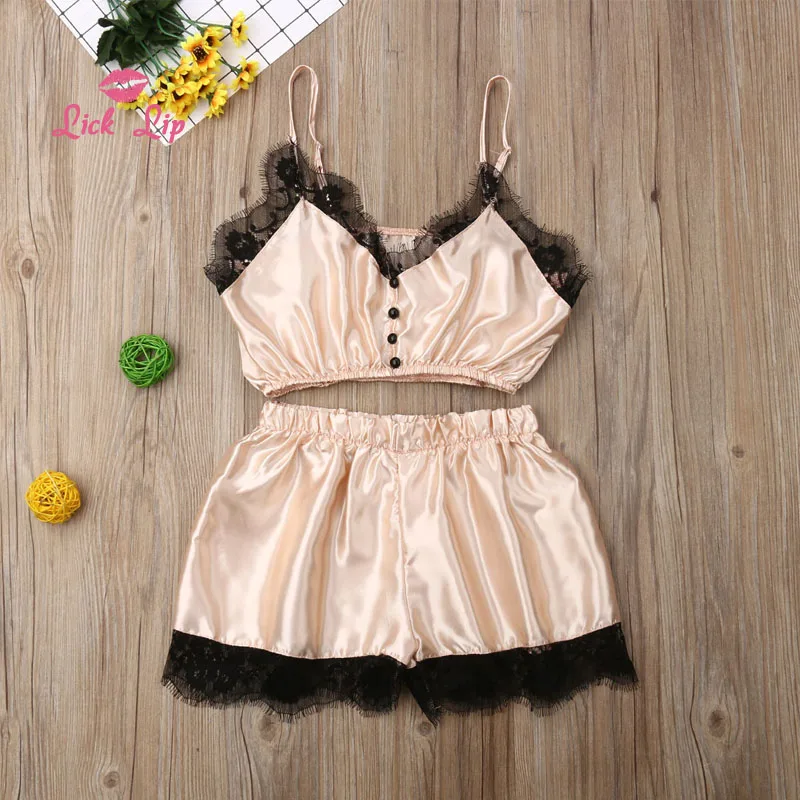 Lick губ чистого цвета Моделирование Шелковый Кружевной Край пижамы облегающая