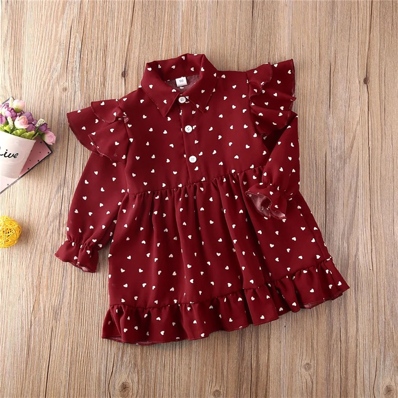 Children Spring Dresses Kids Baby Girls Long Sleeve Heart-shaped Print Cotton Red A-line Dress Summer for | Детская одежда и обувь