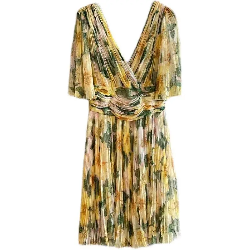 

Deat 2021 New Summer Fashion Women Clothes V-neck Half Short Sleeves High Waist Printed Pullover Mini Dress WS13907L