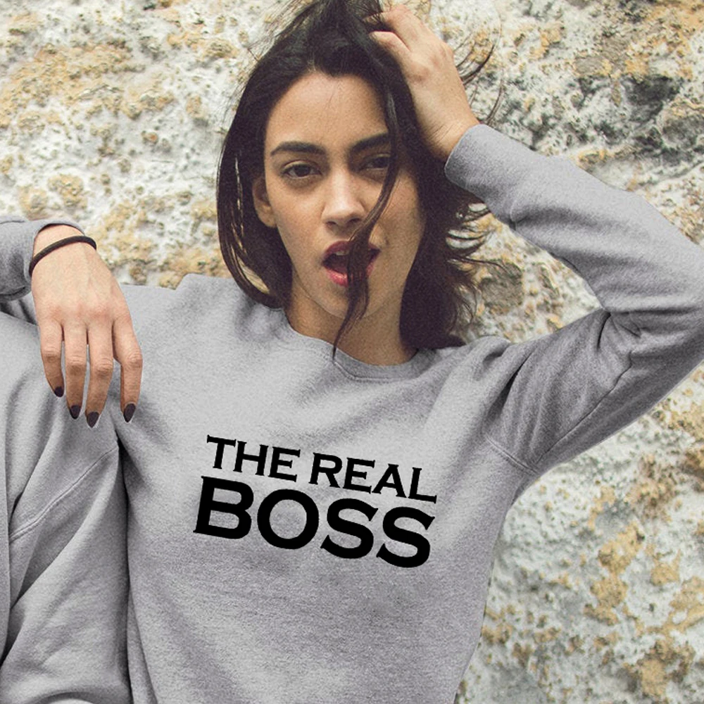 the real boss-gray Толстовка для пар с надписью «The Boss The Real Boss»; Повседневная осенне-зимняя одежда унисекс; хипстерский свитер; пуловер - Цвет: the real boss-gray