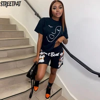 streetwear print 2 two piece set women tracksuit loose t shirts topsbiker shorts sets club vacation outfits summer sport 2021