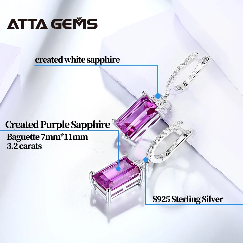 Фиолетовый сапфир подвесные серьги из настоящего стерлингового серебра с огранкой багет 6,4 карата, созданные в редком цвете классического ювелирного изделия.