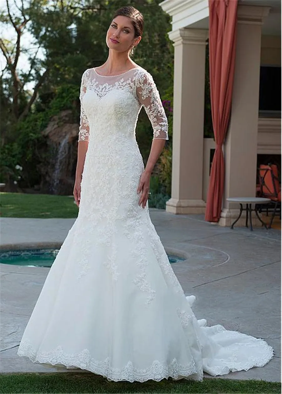 

Модное Тюлевое свадебное платье-Русалка с вырезом лодочкой с полурукавами кружевные свадебные платья с аппликацией и кристаллами