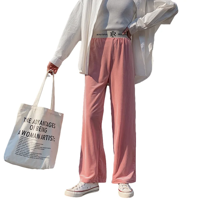 

Pleuche Female Korean Girls Street Trendy Solid Color Wide Legs Pants High Waist Loose Casual Wild Straight Mopping Pants