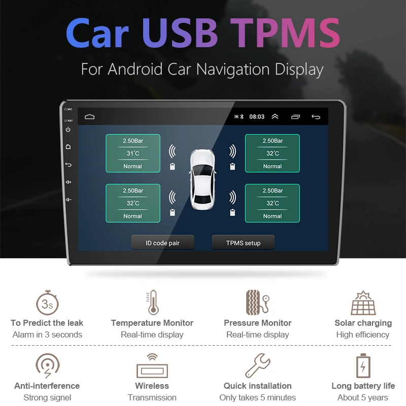 Vtopek USB TPMS монитор давления в шинах Android навигация Беспроводная передача бар/Psi