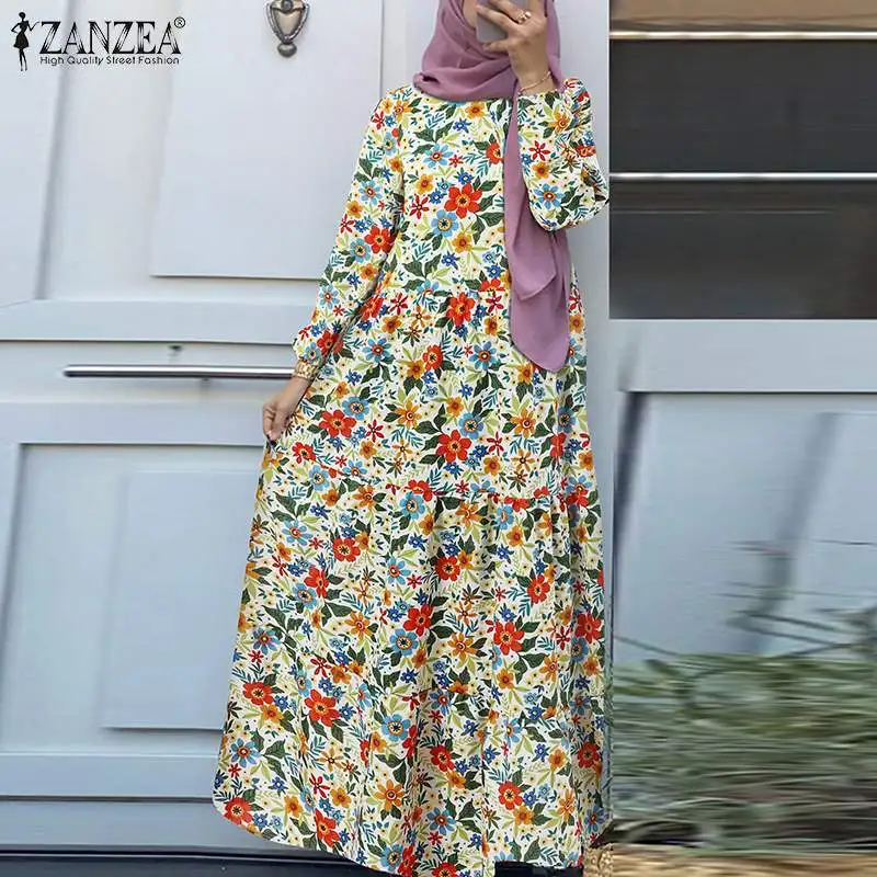 

Women's Spring Sundress ZANZEA Elegant Bohemian Printed Floral Muslim Dress Maxi Vestidos Female Long Sleeve Turkish Robe Femme
