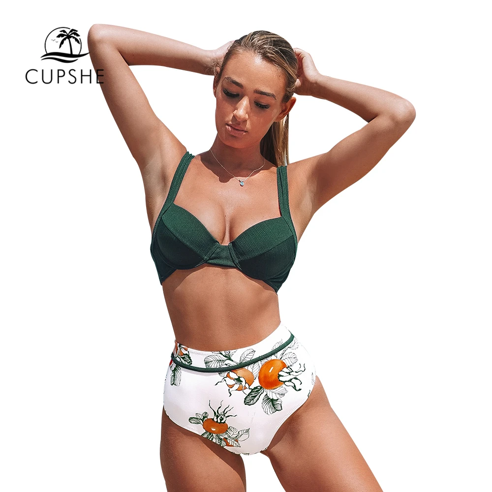CUPSHE, зеленый принт Хурмы, высокая талия, бикини, наборы, сексуальный, пуш-ап, купальник, две части, купальники для женщин,, пляжные купальники