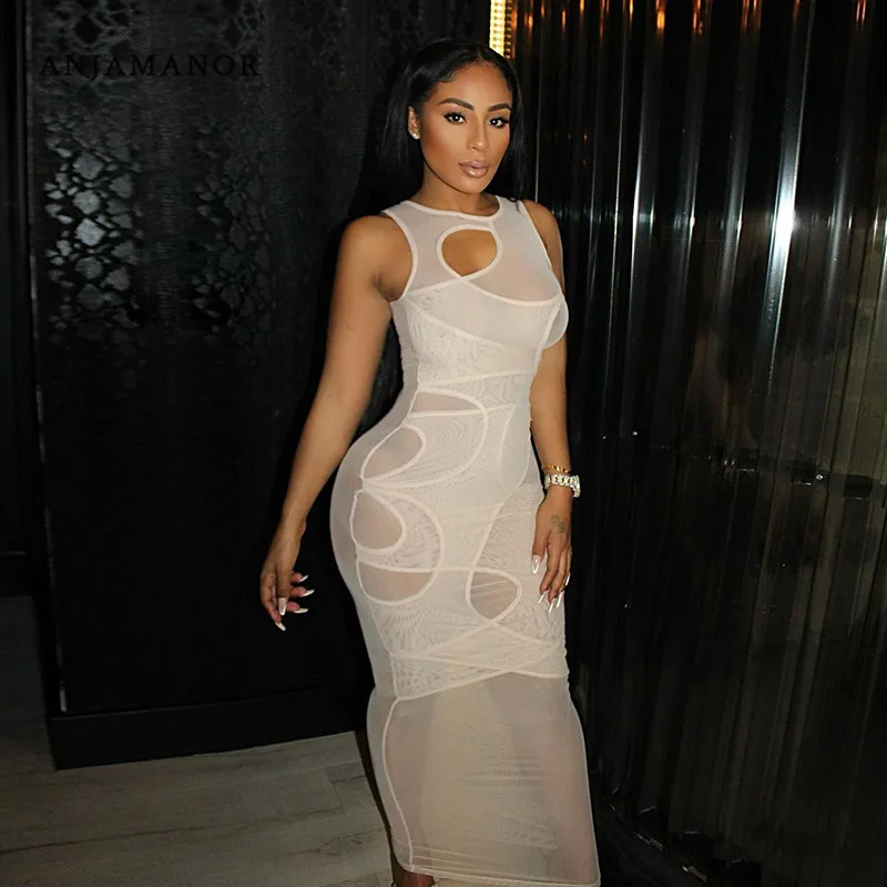 

2021 Sexy Hollow Asymmetry Skinny Slim Maxi Dress Women Party Active O-Neck Sleeveless Women Clothing Stretchy Outfits