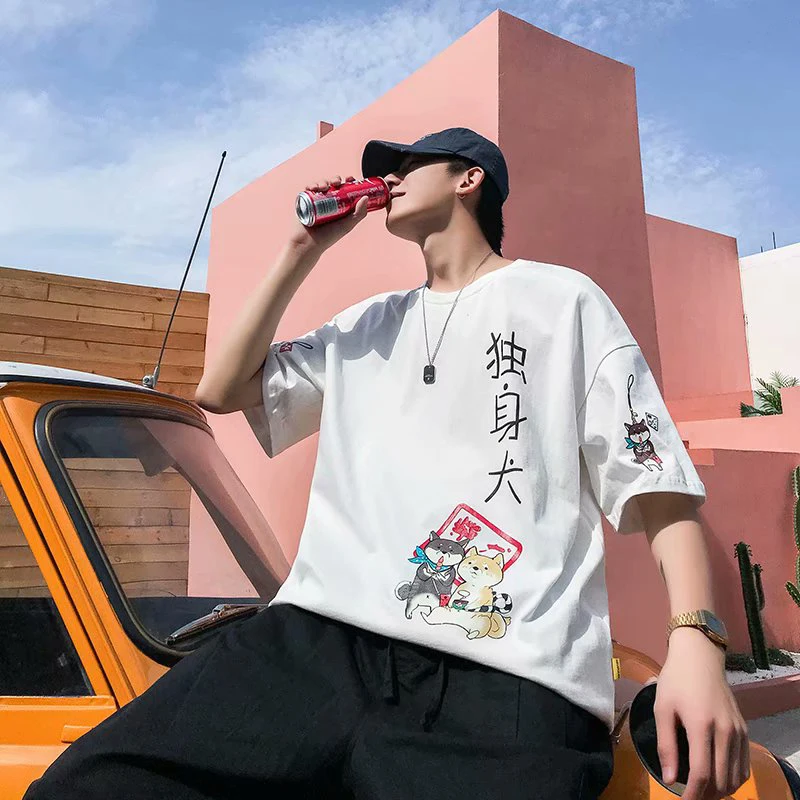 

Harajuku Hong Kong Style Men's Korean Summer T-Shirt Round Neck Loose Five-Point Sleeve Trend Clothes Couples Bruef Streetwear