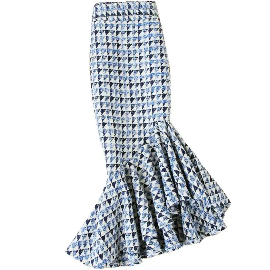 Осень Зима ретро синий хит цвет сшивание шерстяной рыбий хвост юбка небольшой