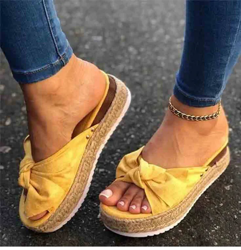 

2021 Women Summer Sandals Mid Heels Sandals Wedges Shoes Woman Sweet Bowties Slippers Sandalias Mujer Sapato Feminino Plus Size