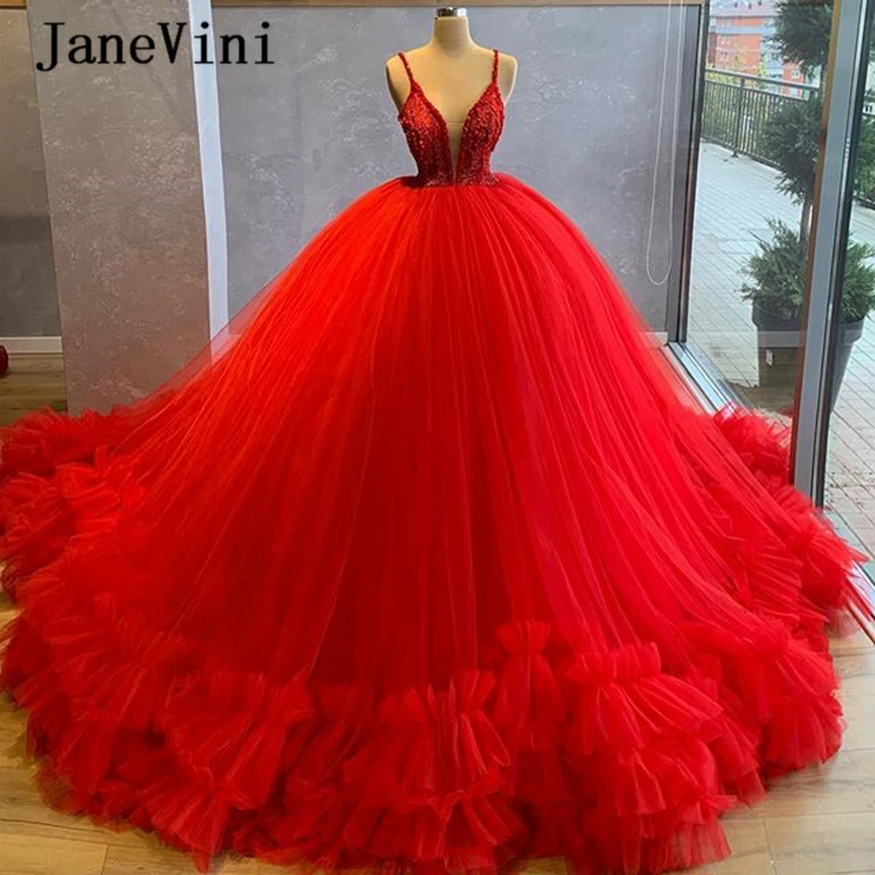 Роскошное Красное Бальное Платье jaevini 2020 Многоярусное длинное платье Quinceanera с V