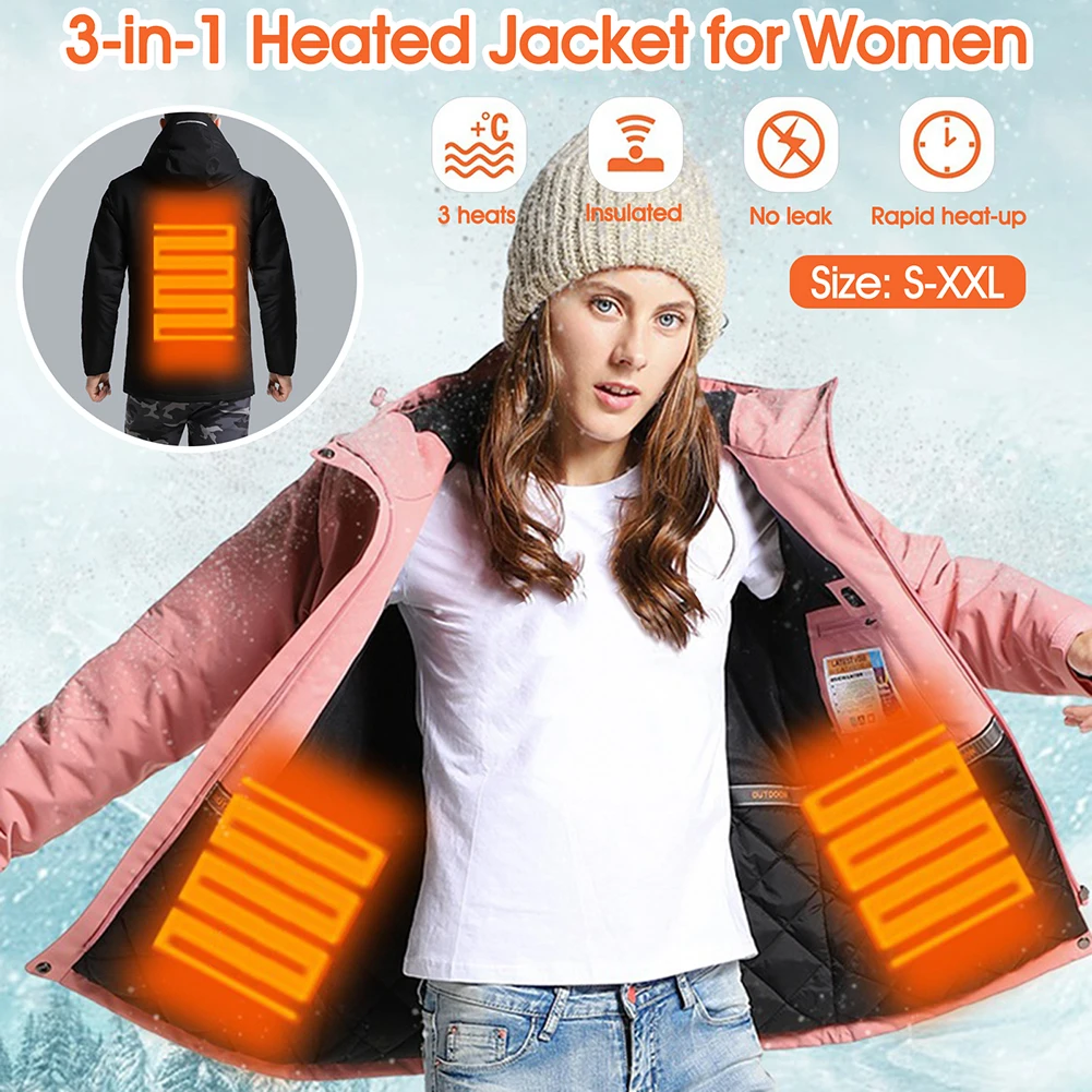 

Winter USB Heated Womens Jacket Waterproof Hood Warm Plus Size Hiking Apparel Down Cotton Windproof 3 Ajustable Heat For Outdoor