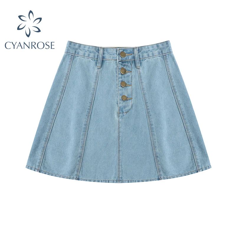 Женская джинсовая мини юбка с высокой талией голубая свободная короткая