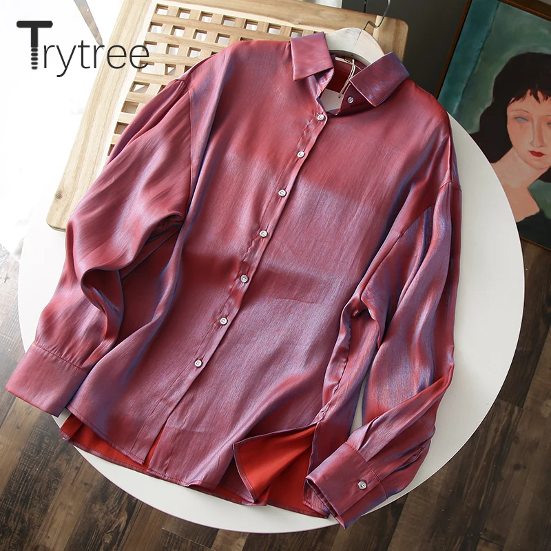 Trytree/Осенняя Женская Повседневная Блузка с отложным воротником однобортный