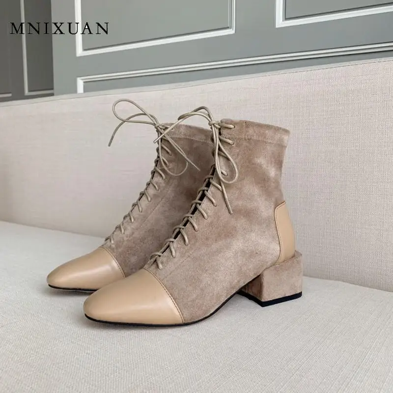 Женские ботильоны на шнуровке MNIXUAN черные ботинки из натуральной кожи блочном