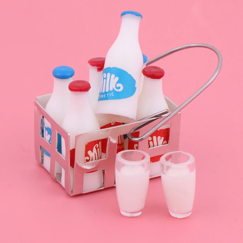 

Kwaii Kids Toys 1Set 1/12 Scale White Milk Basket And Milk Bottle Doll House Food Furniture Toys Miniature Doll House Toys