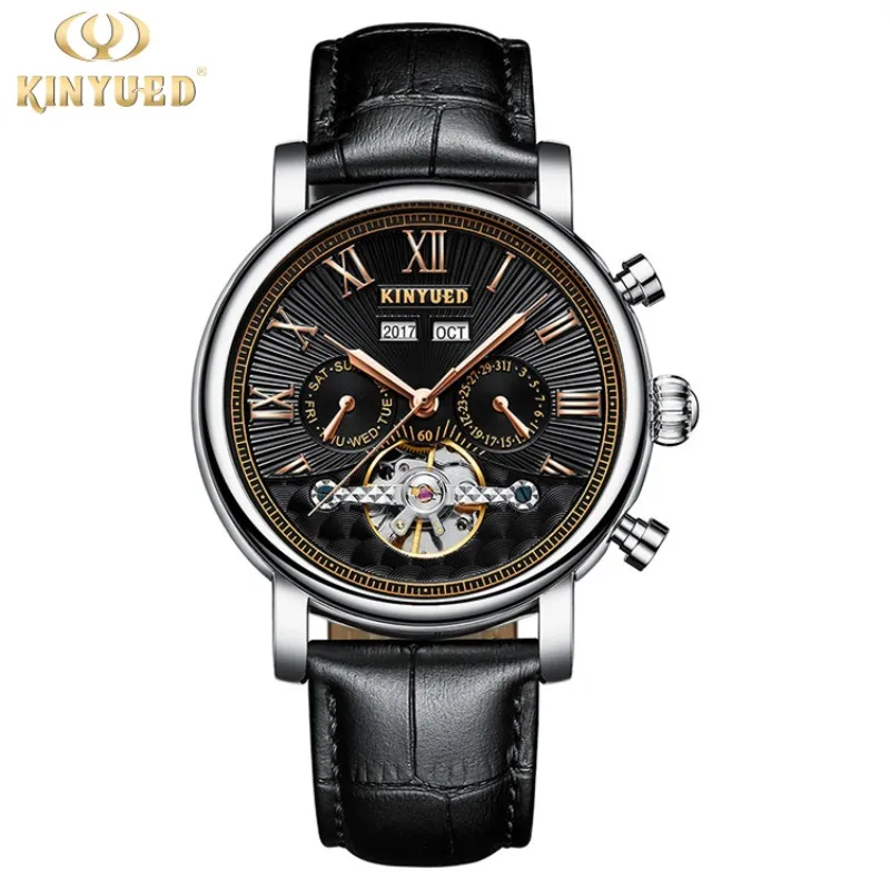 

Механические Мужские часы KINYUED Jin Yueda с автоматическим вечным календарем, с кожаным ремешком