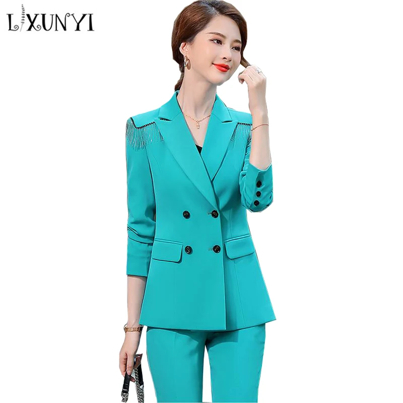 LXUNYI Office Suits For Women 2021 Spring Autumn Women 2 Piece Set Fashion Beading Business Elegant Blazers +Pants Plus Size