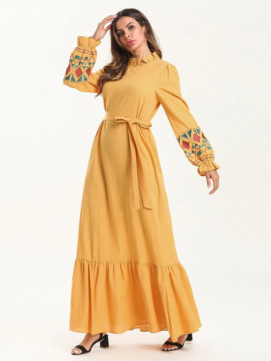 Дубай мусульманское абайя платье женская мусульманская одежда печати листьев