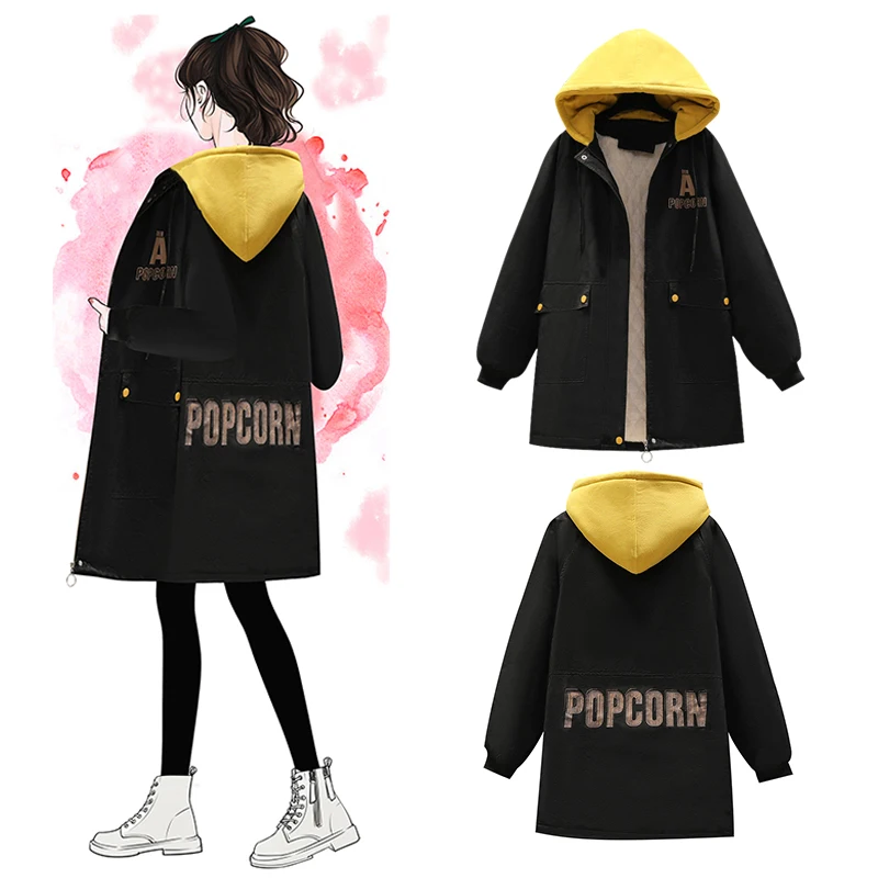 

2021 New Winter Jacket Women Oversized Loose Plus Velvet Warm Hooded Parka High Quality Letter Printing Medium-long Cotton Coat