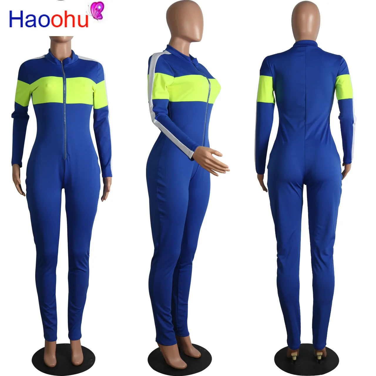 

Neon Stripes Sexy Skinny Overall for Women Long Sleeve Zipper Front Bodycon One Piece Jumpsuits Plus Size Bandage Party Rompers