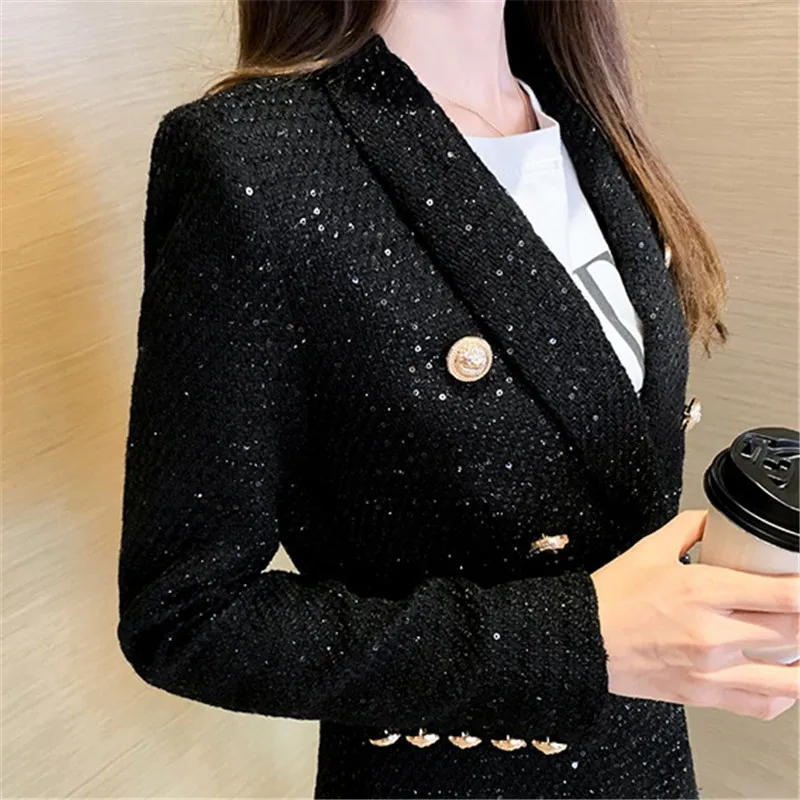 

CBAFU Sequins White Blazer Women Notched Gold Buttons Long Sleeve Autumn Winter Coat Plus Size Vintage Elegant Outwear 2020 F732