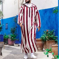 eid ramadan men muslim fashion robe kaftan pakistani linen stripe hooded long dress casual loose dubai abaya islamic clothing