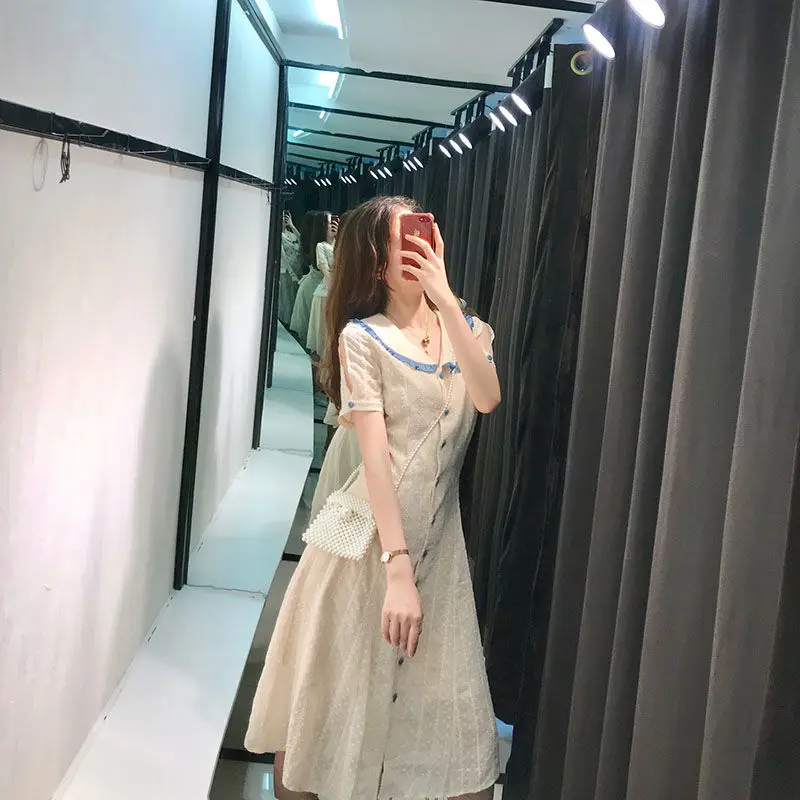 

2021 Women Spring Summer New Elegant Pleated Dresses Female Sweet Peter Pan Collar Pleated Vestido Lady Casual Button Dress K107