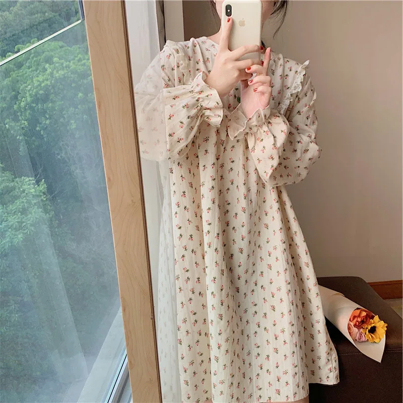 Spring Autumn New Korean Lovely Floral Nightdress Women Cotton Lace Long Sleeve Princess Wind Nightgown Home Wear Sleepwear