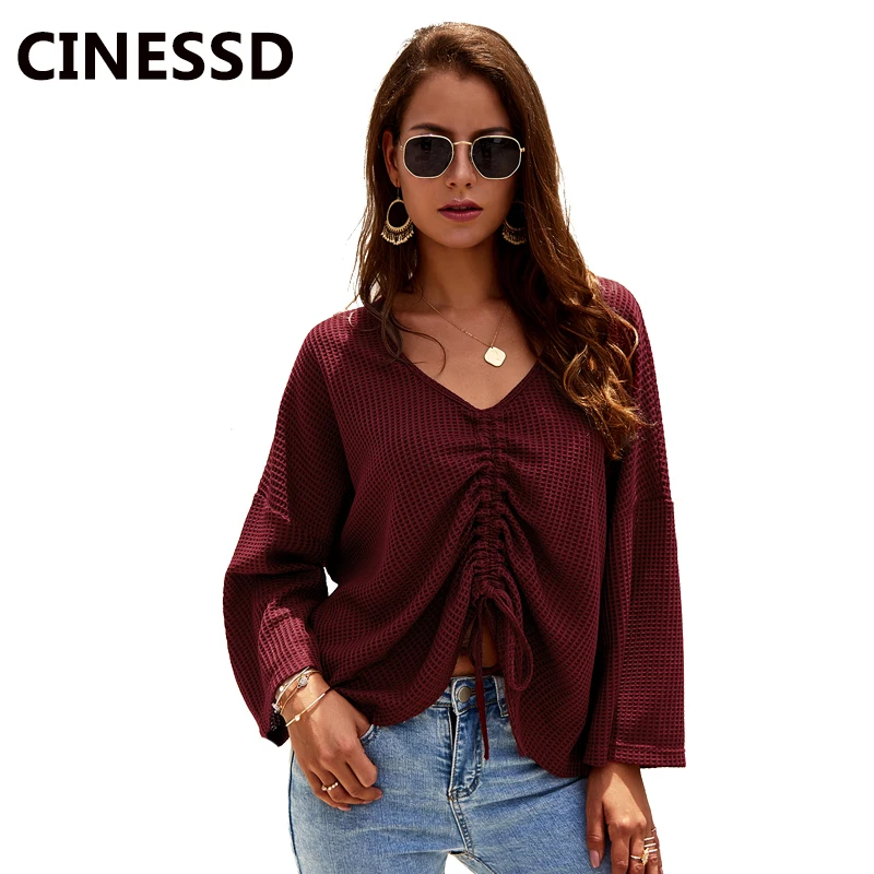 Женский вязаный свитер CINESSD повседневный однотонный пуловер бордового цвета на