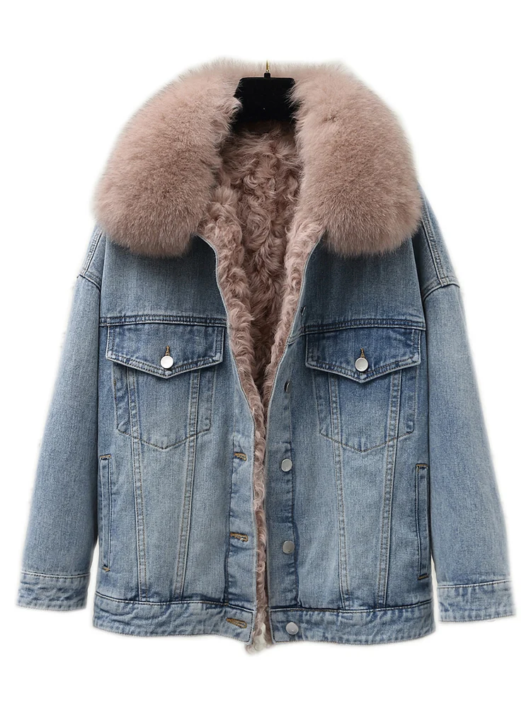 Куртка женская джинсовая с воротником из натурального овечьего меха 2020 - купить