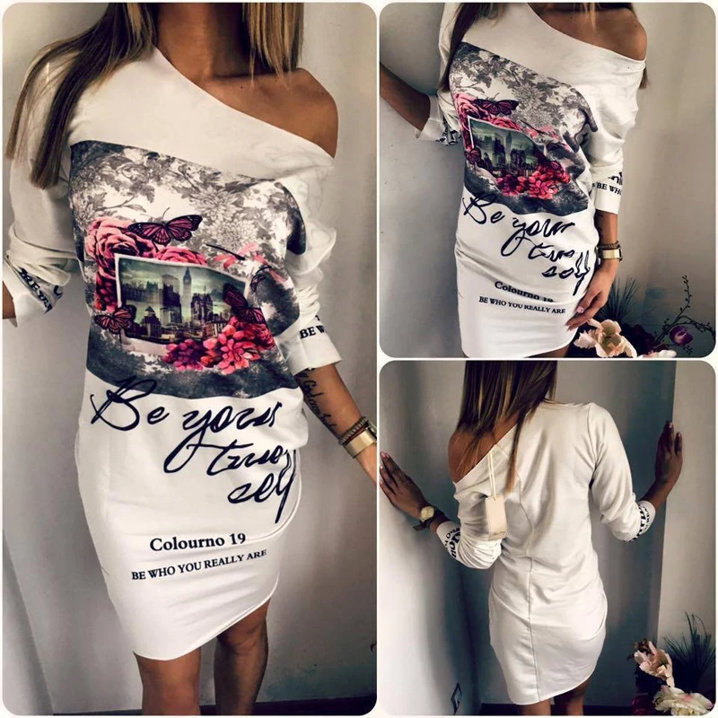 

Off Shoulder Sexy Dress Women Print Dress Long Sleeve 2021 Spring Summer Casual Dresses Women O-Neck Mini Short Dress