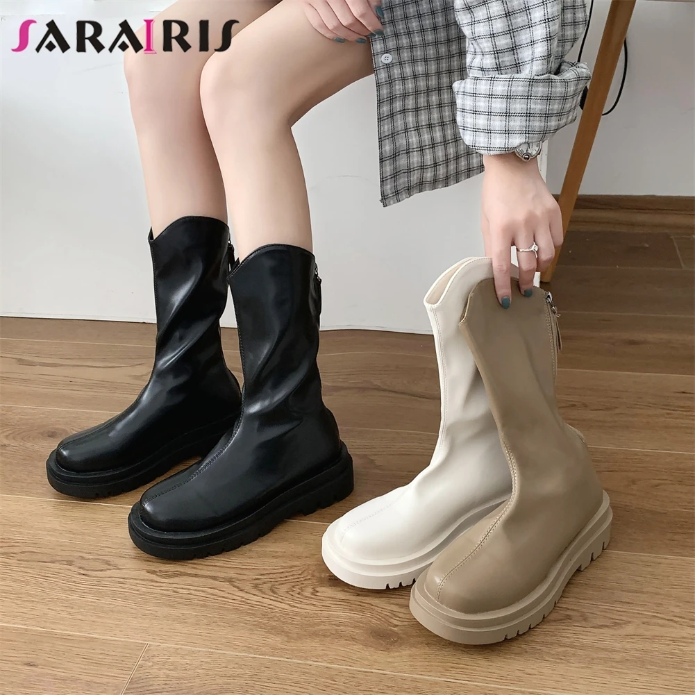 

SARAIRIS 2021 Autumn New Fashion Women's Mid Calf Boots Female Street Cool Goth Punk Shoes Chunky Heels Platform Casual Boots