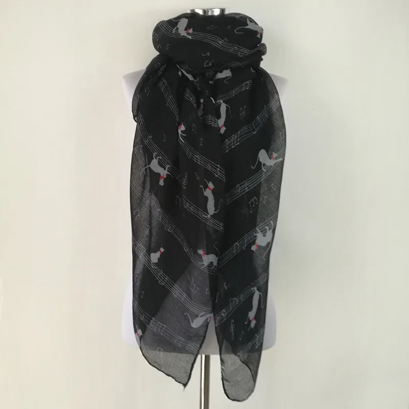 

10pcs/lot New fashion cute cat print long scarf Women music notes Scarves animal print Scarf hot sale long scarf