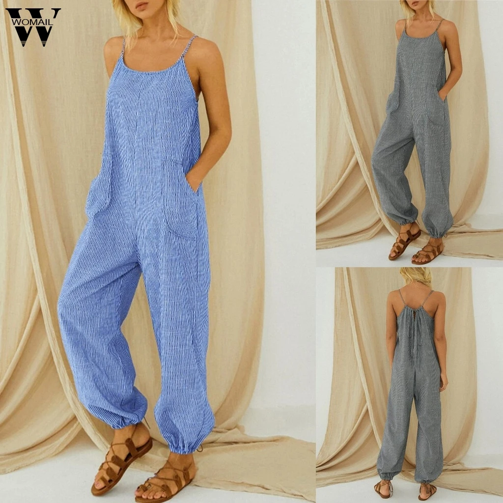 Женский полосатый комбинезон без рукавов Свободный с открытой спиной длинные