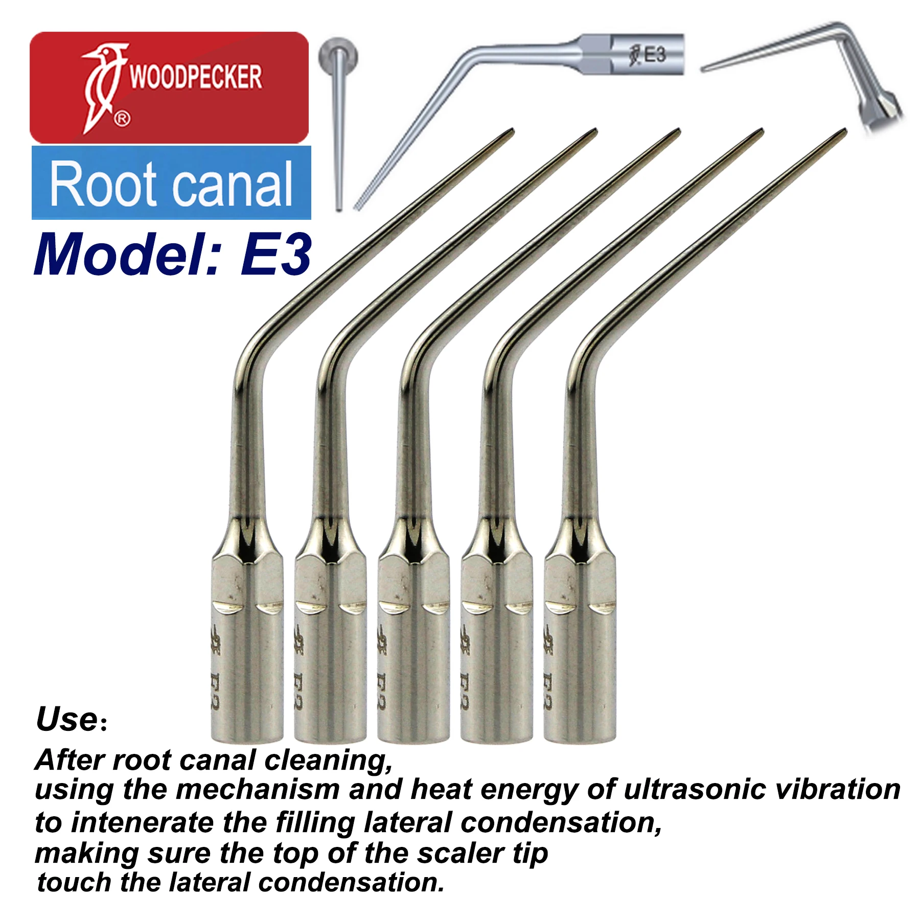 

5Pcs Woodpecker Endodontic Tips Dental Ultrasonic Scaler Root Canal Tip E3 Intenerate Filling Lateral Condensation Fit UDS EMS