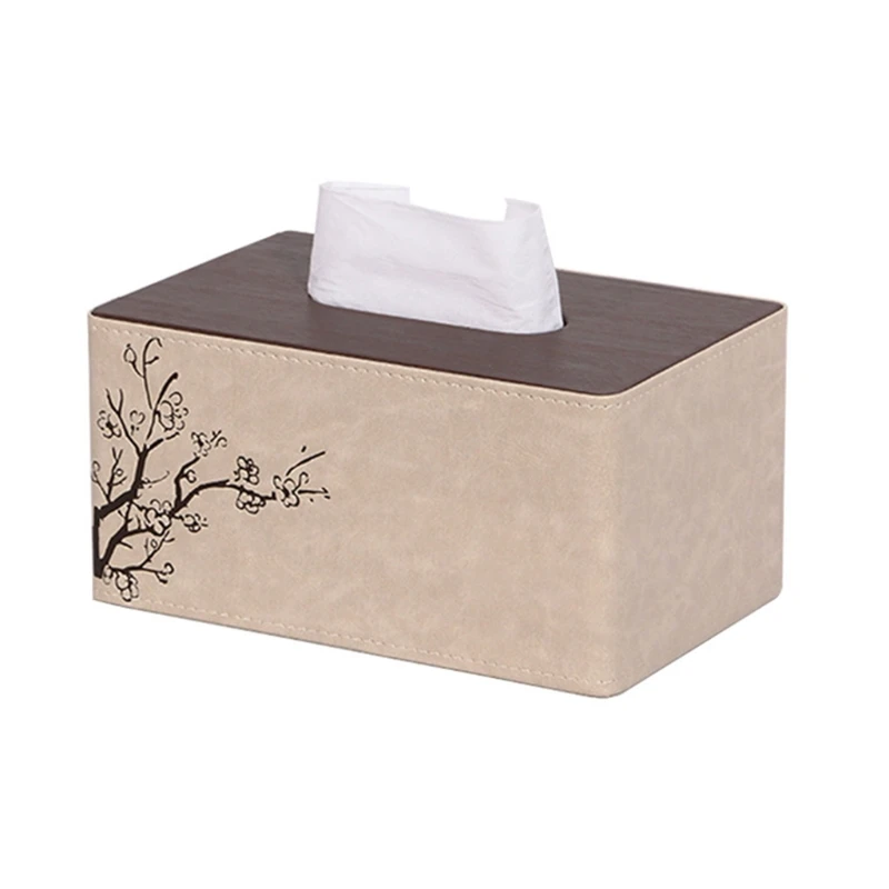 

Plum Blossom PU Leather Tissue Box Rectangle Paper Towel Holder Napkin Storage 203F