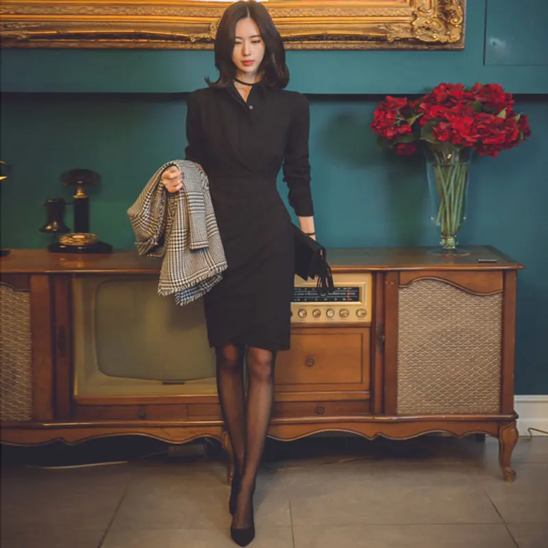 

COIGARSAM Solid Women dress New Spring Pleated Dresses Black 798