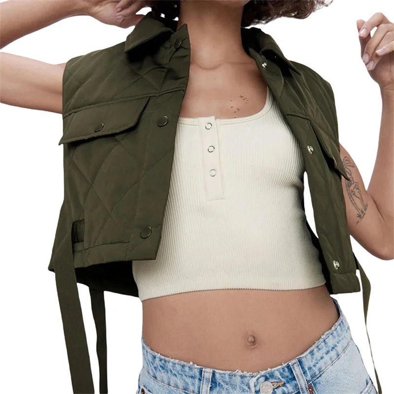 

Женский жилет, шикарный оливковый жилет, Женский Повседневный жилет на боковых пуговицах, с завязкой и отложным воротником, стеганые укороч...