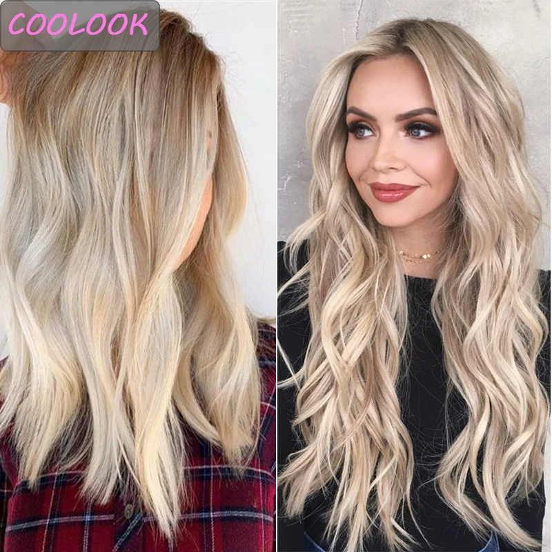 

18inch Long Wavy Synthetic Blonde Wig Middle Part African American Natura Wave Wig Daily Party Cosplay Lolita Wig for Afro Women