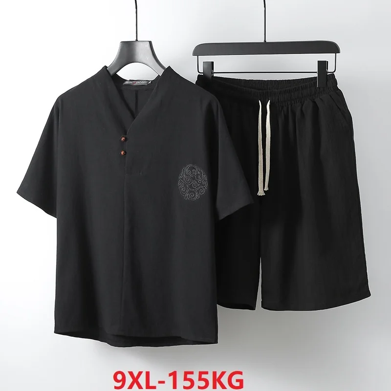 

plus size 7XL 8XL 9XL Summer Men linen Short Sleeve T-shirt and shorts Japan tyle tang suit vintage v-neck Tees oversize tops 66