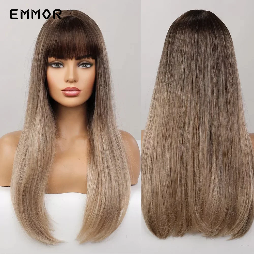 

Emmor Ombre Brown Blonde Ash Gray Wig for Women Natural Long Straight Wigs with Bangs Fiber Cosplay Heat Resistant Hair Wig