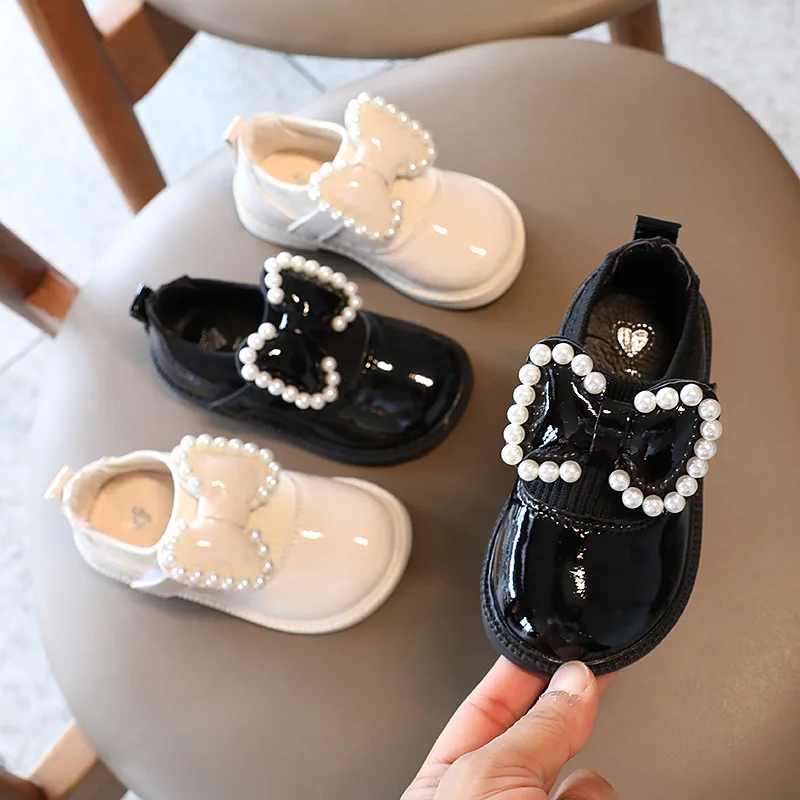 Zapatos planos suaves y c&oacute;modos para ni&ntilde;as, calzado de piel con lazo de perlas y abalorios de princesa, para primavera y oto&ntilde;o-0
