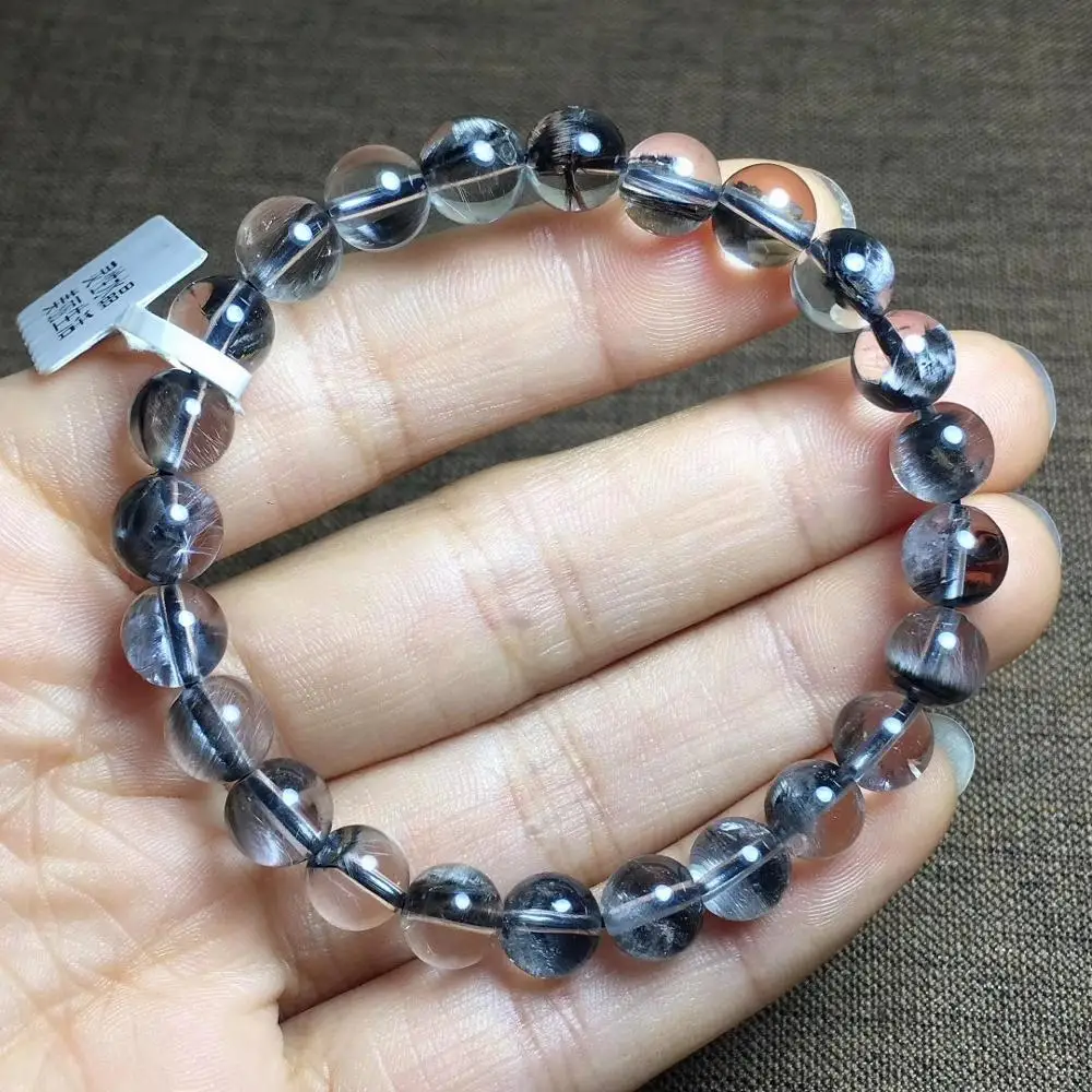 

Natural Brookite Platinum Silver Rutilated Quartz Bracelet 7.4mm Clear Round Beads Woman Man Party Lucky Gift Stretch AAAAA