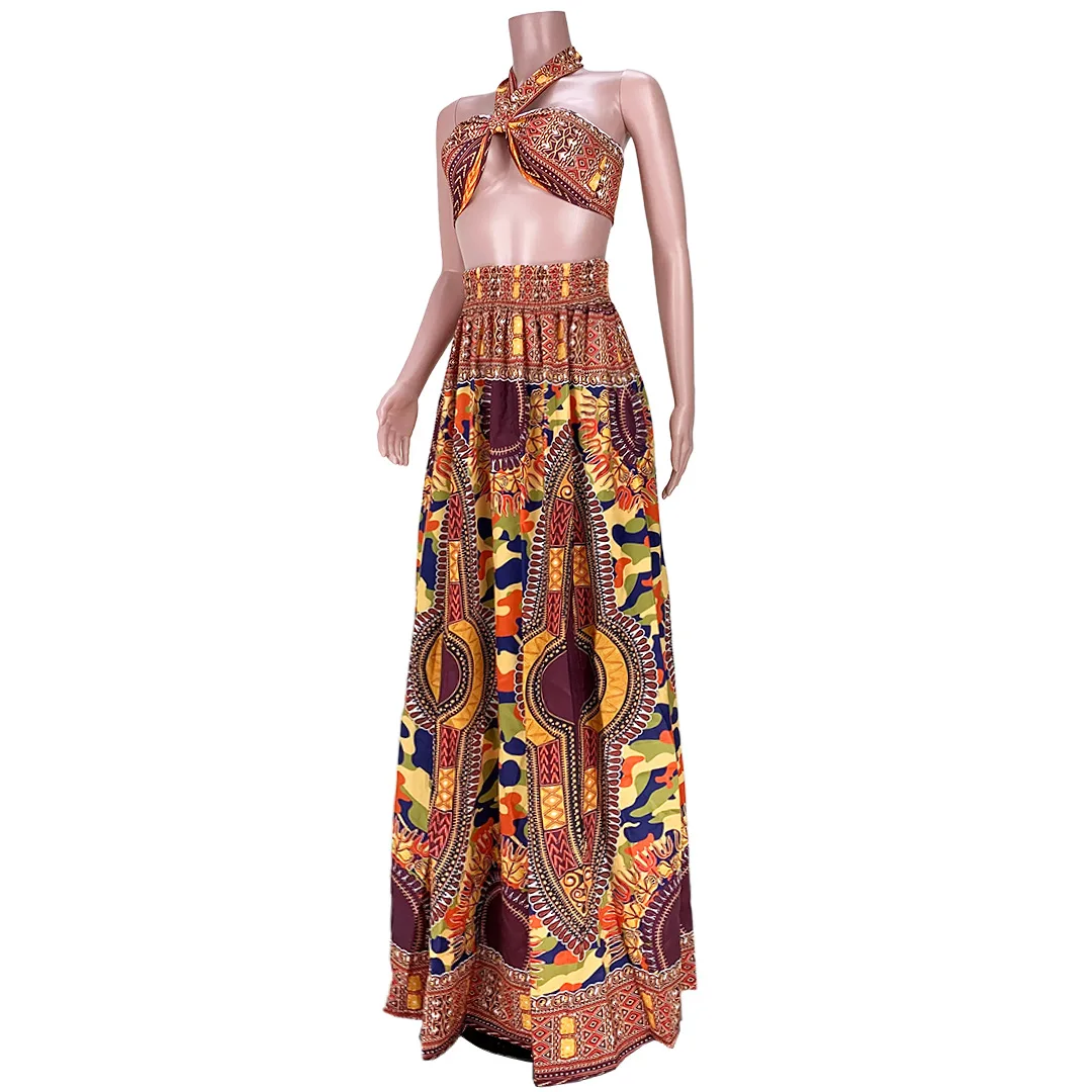 

Summer 2021 Polyester African Women Printing Two Pieces Sets Top and Skirts African Suit