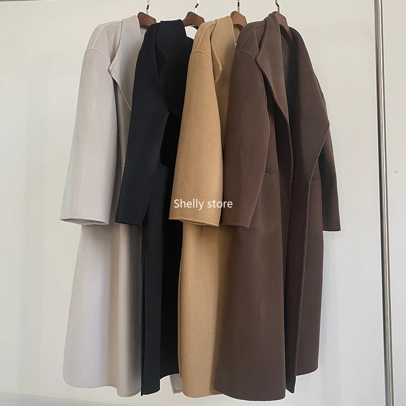 

Women Trench Wool and Cashmere Profile Side Slit Lapel Double-faced Cashmere Coat